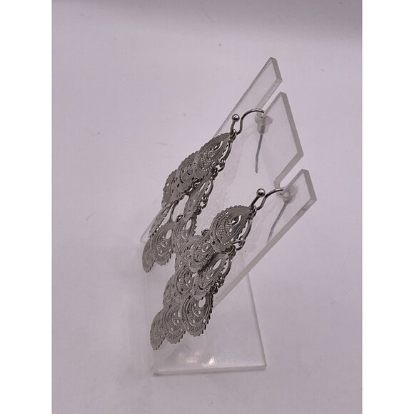 Chandelier Silver Tone Filigree Dangle Earrings - Picture 4 of 5